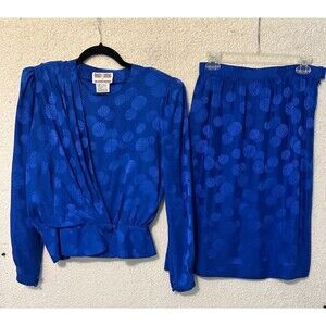 Vintage Maggy London By Jeannene Booher 100% Silk Royal‎ Blue Two Piece SZ 10